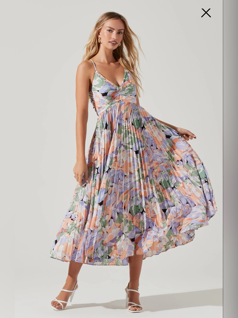 Astr Pleated Floral Midi Dress in Lavender, Peach & Green